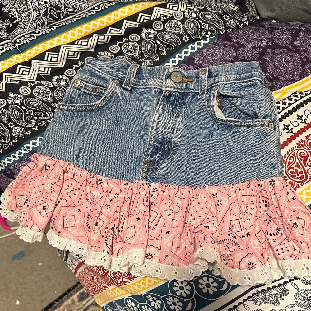 Denim Mini Skirt with Pink Bandana Ruffle and Eyelet Trim